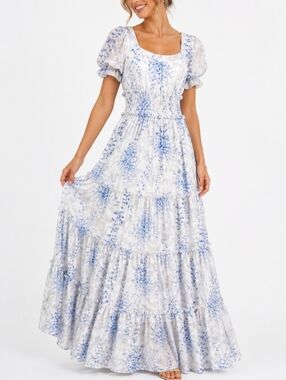 Baltic Born White Floral Blue Puff Sleeve Maxi Lavender Dress Small